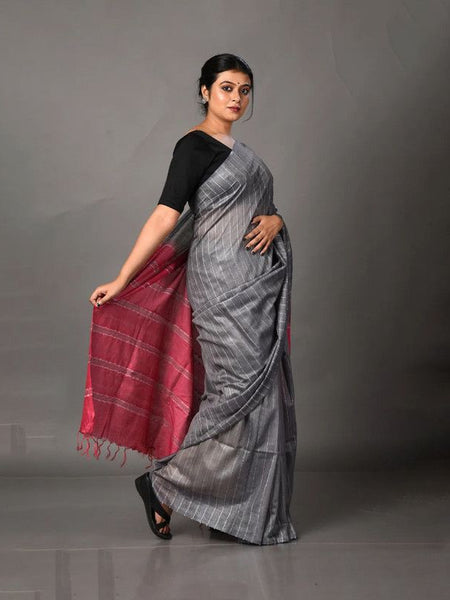 Women's Handloom Two Dye Jute Silk Striped Bhagalpuri Saree (Cerise_Pink & Grey) - View 2