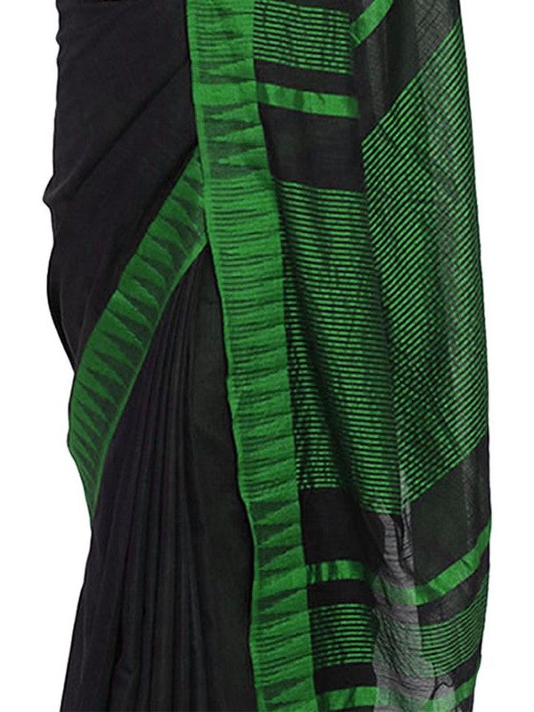 Black-Green women's Bhagalpuri Handloom Katan Viscous Silk Temple Border Saree Ethnic Wear With Running Unstitched Striped Blouse Piece - View 5