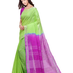 Chartreuse Green & Wild Strawberry women's Bhagalpuri Handloom Linen Cotton Blend Two Dye Saree With Running Unstitched Blouse Piece - View 4