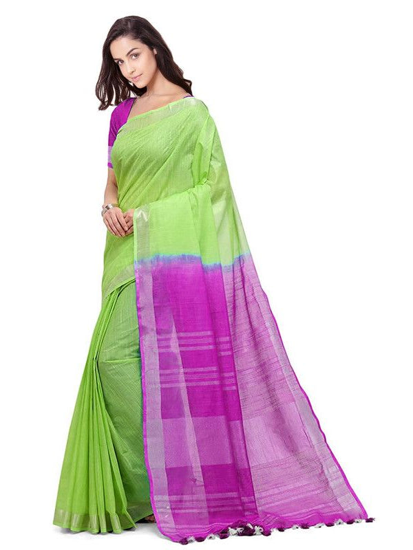 Chartreuse Green & Wild Strawberry women's Bhagalpuri Handloom Linen Cotton Blend Two Dye Saree With Running Unstitched Blouse Piece - View 4