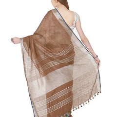 Brown women's Bhagalpuri Handloom Cotton Linen Blend Saree With Contrast Unstiched Blouse Piece - View 4